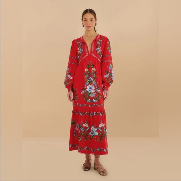 FARM Rio Dresses & Skirts - FARM Rio Red Sweet Bloom Bouquet Lenzing Ecovero Euroflax Midi Dress